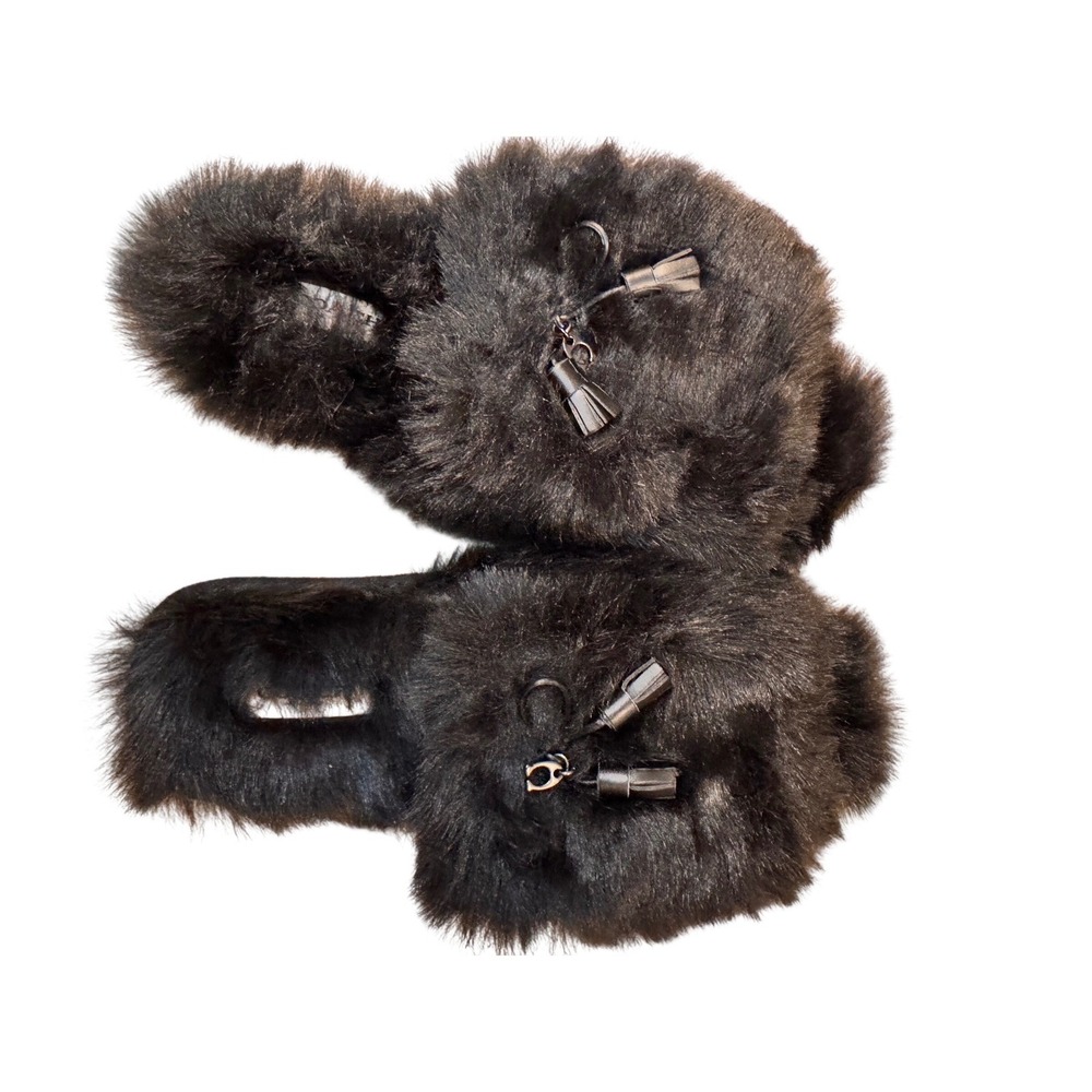 Coach Zoe Faux Fur Slippers Black Tassel Logo Slide FG3148 Womens 6 B New